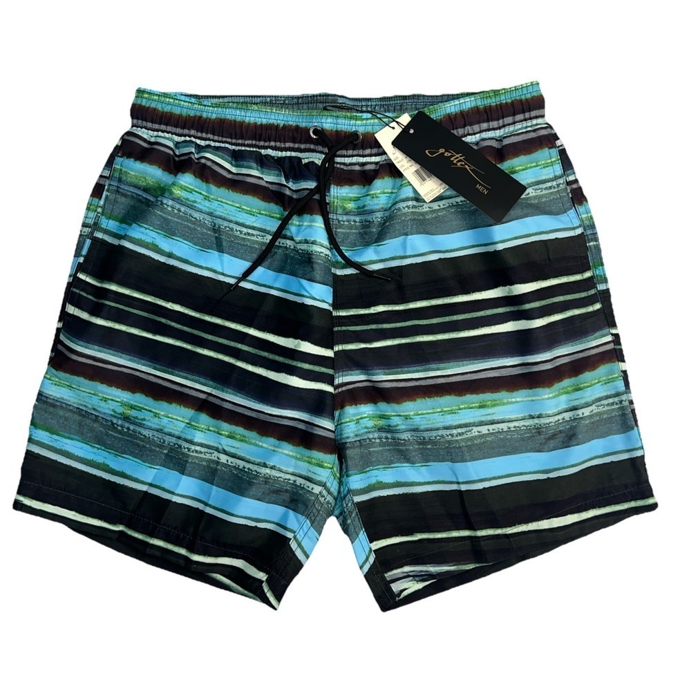 Gottex Men's Size Large Swim Trunks Mesh Blue/Green Striped‎ Shorts-New